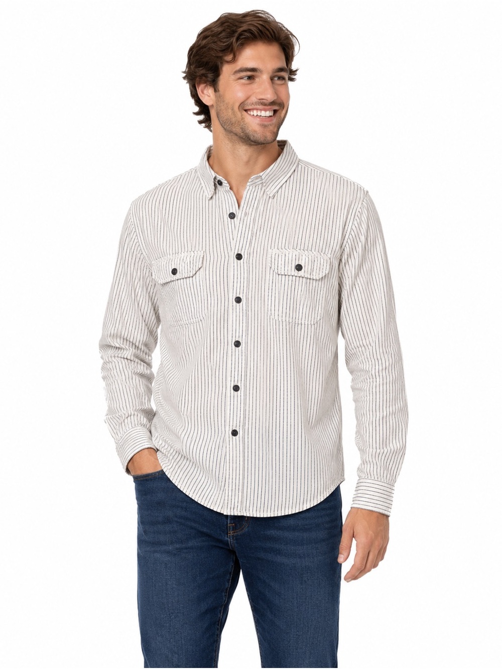 White and Blue Striped Collared Shirt
